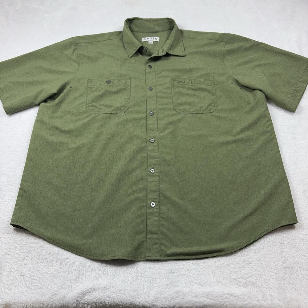 Orvis Button Up Shirt Men 2XL Green Short Sleeve Relaxed Fit Pockets Easy Care